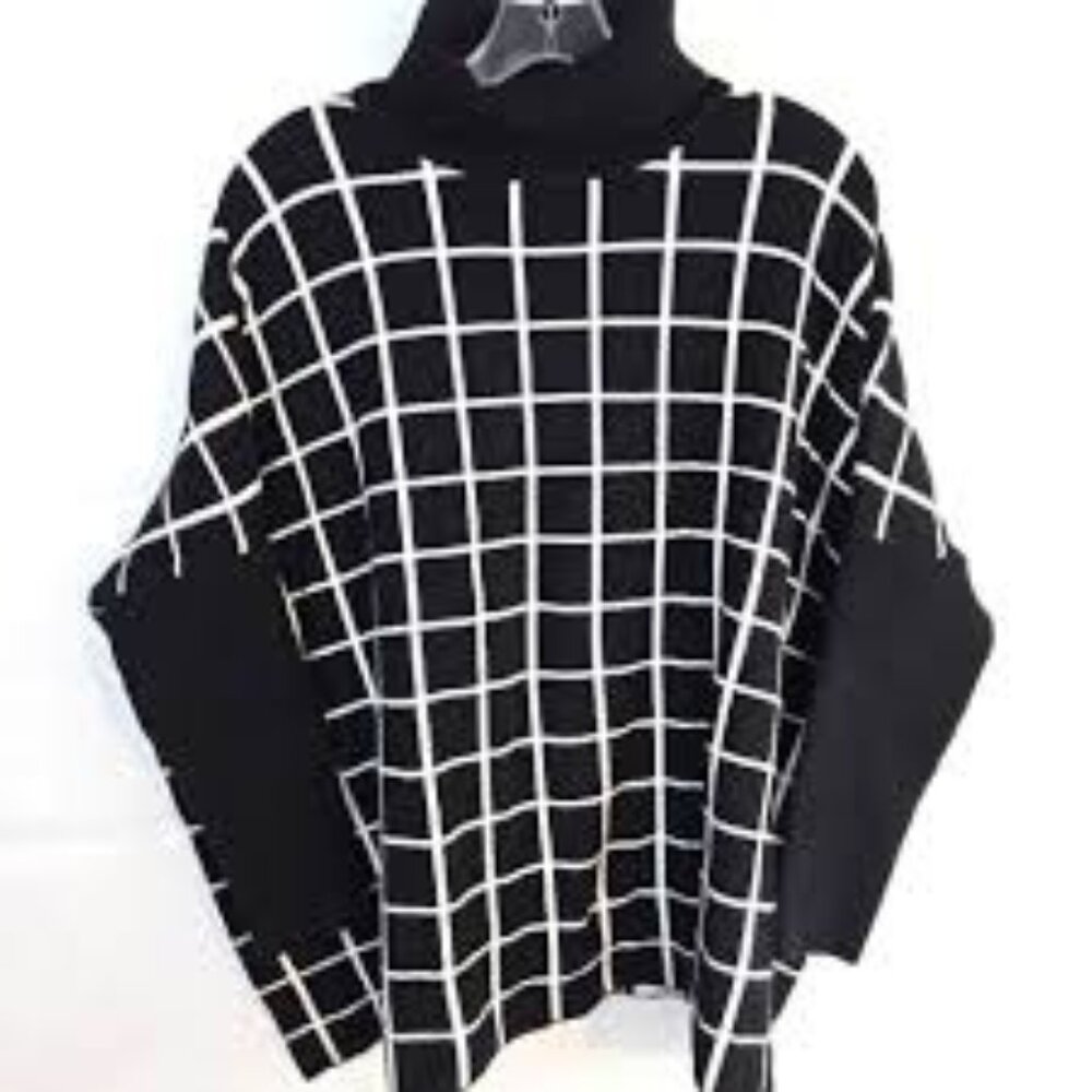 Joseph A Sweater‎ Womens Oversized Turtleneck Shawl Window Pane Flowy Black